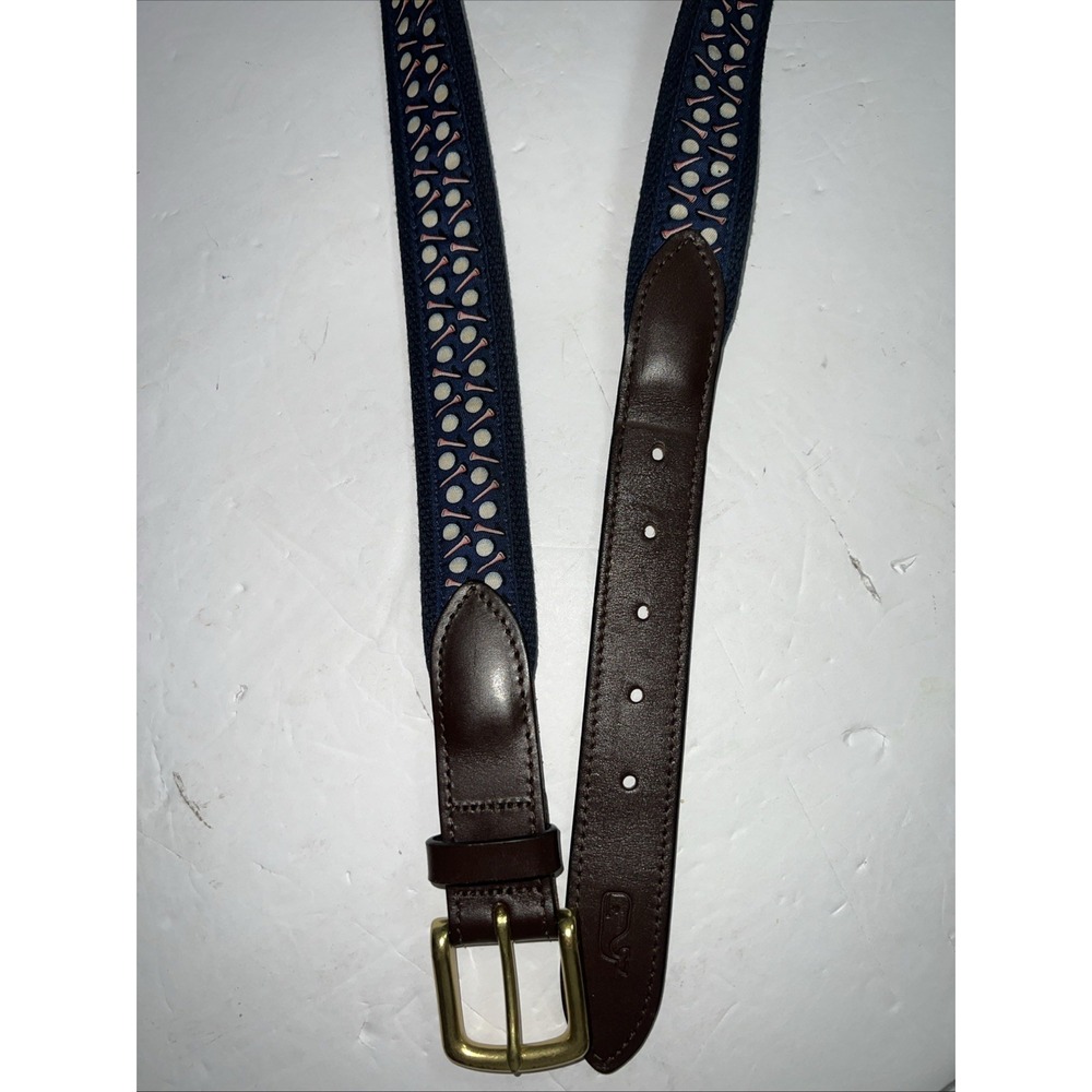 Vineyard Vines Men's Made USA Cotton Canvas Blue Golf Leather Club Belt Size 38